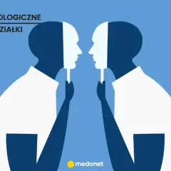 Dwie postacie trzymają maski, odsłaniając swoje prawdziwe twarze. Ilustracja symbolizuje, czego boi się socjopata – ujawnienia swojej prawdziwej natury.