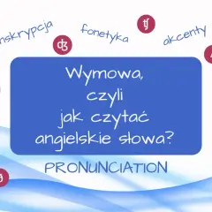 Grafika o nauce wymowy angielskiego. Centralnie umieszczony tekst: "Wymowa, czyli jak czytać angielskie słowa?". Wokół symbole fonetyczne i słowa: transkrypcja, fonetyka, akcenty.