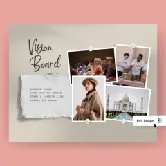 Lista celów życiowych: wizja, empowerment, podróże, moda. Inspirujące obrazy i cytaty na tablicy wizji.
