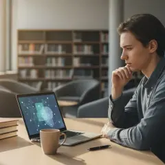 Student zastanawia się, ile procent plagiatu jest dopuszczalne w pracy magisterskiej, siedząc przy biurku w bibliotece.