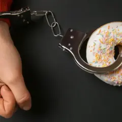 Ręka w kajdankach, połączona z pączkiem. Symbol walki z uzależnieniem od słodyczy.