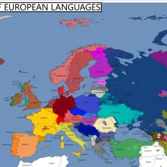 Mapa Europy z zaznaczonymi regionami, gdzie dominują różne języki europejskie, od islandzkiego po rosyjski.
