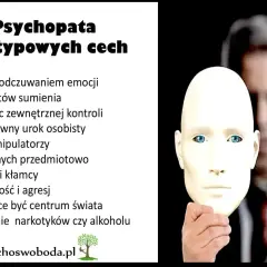 Psychopata: brak emocji, manipulacja, brak wyrzutów sumienia. Obraz symbolizuje ukrywanie prawdziwej natury, co może być kluczowe w zrozumieniu różnicy między socjopatą a psychopatą.