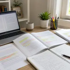 Biurko z laptopem, otwartymi książkami i notatkami. Student przygotowuje się do pisania pracy magisterskiej, zastanawiając się nad liczbą pozycji w bibliografii.
