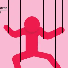 Czerwona postać jak marionetka, sterowana sznurkami, symbolizuje osobowość manipulatora.