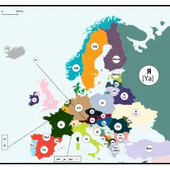 Mapa Europy z zaznaczonymi grupami języków, pokazująca jak brzmi "ja" w różnych językach: Jag, Jeg, Ich, Ja, Jaz, Minä, Eu, Yo, Ben.