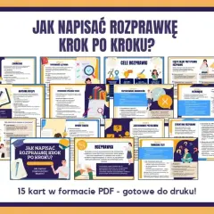 Zestaw 15 kart PDF "Jak napisać rozprawkę krok po kroku?". Dowiedz się, co to jest rozprawka i jak ją tworzyć.