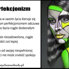 Kobieta z geometrycznym makijażem, symbolizującym neurotyczny perfekcjonizm, odczuwa lęk i przymus bycia doskonałą.
