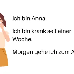 Ilustracja kobiety z chusteczką przy nosie, obok tekst po niemiecku.