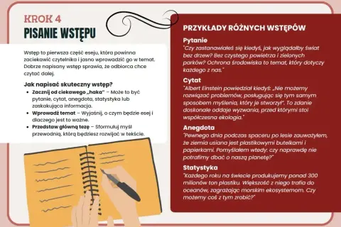 Jak napisać wstęp do eseju? Poznaj przykłady: pytanie, cytat, anegdota, statystyka. Skuteczny wstęp zaciekawi czytelnika.