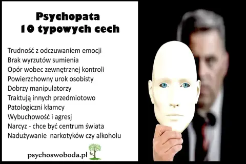 Psychopata: brak emocji, manipulacja, brak wyrzutów sumienia. Obraz symbolizuje ukrywanie prawdziwej natury, co może być kluczowe w zrozumieniu różnicy między socjopatą a psychopatą.