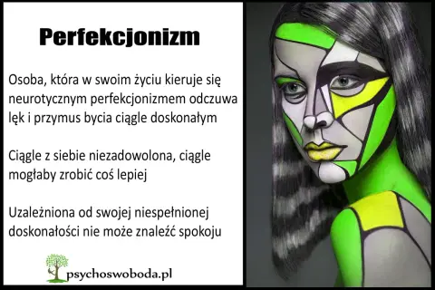 Kobieta z geometrycznym makijażem, symbolizującym neurotyczny perfekcjonizm, odczuwa lęk i przymus bycia doskonałą.
