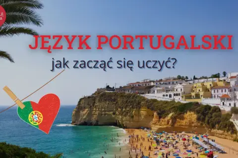 Język portugalski podstawy: serce z flagą Portugalii na tle słonecznej plaży i białych domów. Jak zacząć naukę?