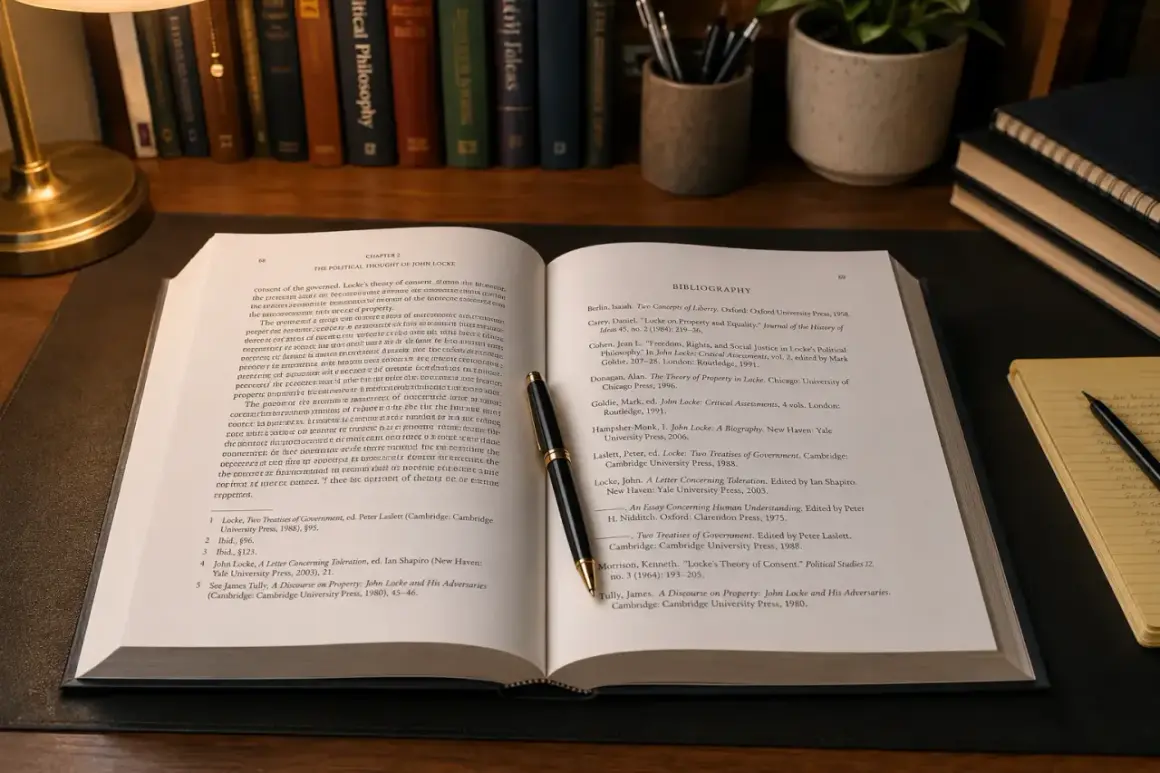 Otwarta księga z tekstem o Johnie Locku i jego przypisy oksfordzkie. Pióro spoczywa na stronie z bibliografią.