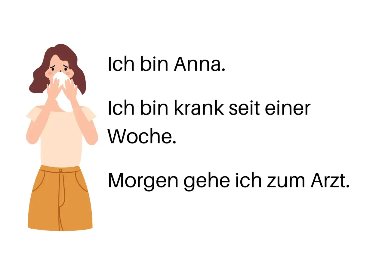 Anna, chora od tygodnia, używa chusteczki. Jej opowieść, w niemieckim czasie teraźniejszym, kończy się wizytą u lekarza jutro.